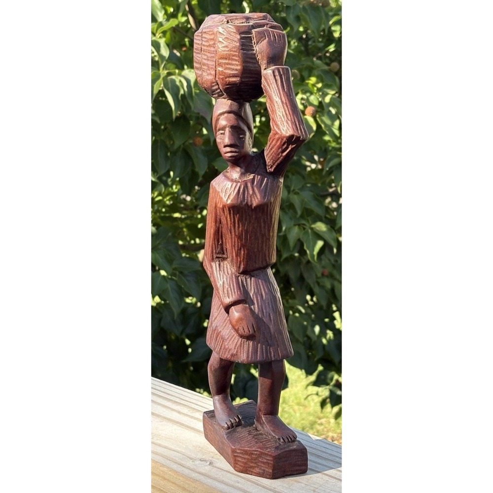 14.5” Carved Wood Sculpture Woman Carrying Basket Head Folk Art African
